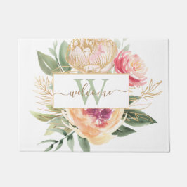 Monogramnaam Peony en Gold Foil Bloom Deurmat