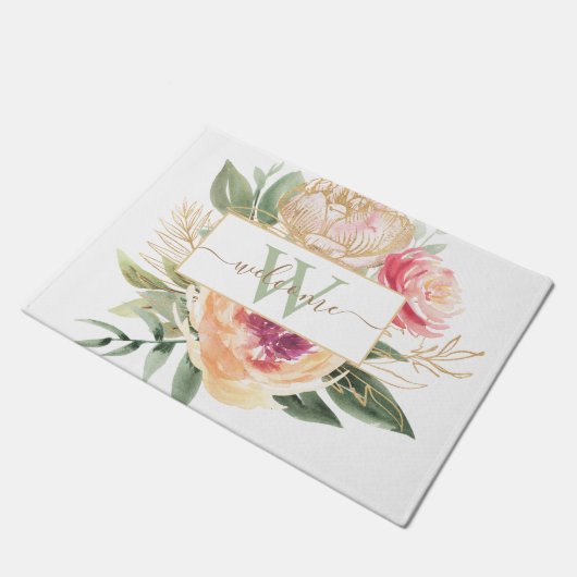 Monogramnaam Peony en Gold Foil Bloom Deurmat (Schuin)
