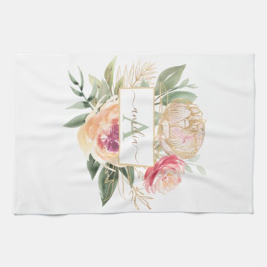 Monogramnaam Peony en Gold Foil Bloom Theedoek (Horizontaal)