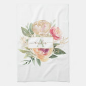 Monogramnaam Peony en Gold Foil Bloom Theedoek (Verticaal)