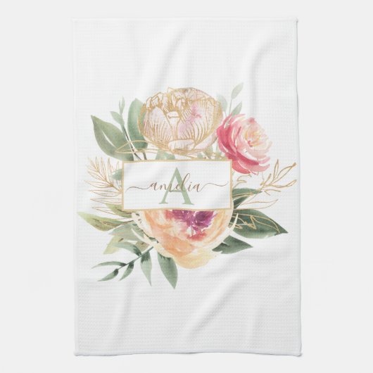 Monogramnaam Peony en Gold Foil Bloom Theedoek (Verticaal)