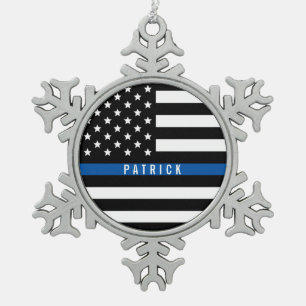 Monogramnaam van de politie van Thin Blue Line Tin Sneeuwvlok Ornament