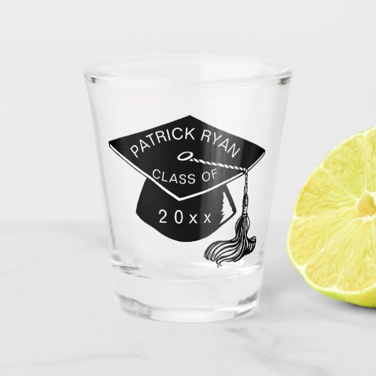 Monogramnaam zwarte Graduation Cap, klasse 2023 Shot Glas (Voorkant)