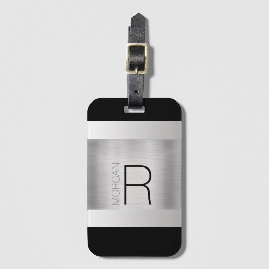 Monogramnaam, zwarte grijze tekst, geborsteld zilv bagagelabel (Voorkant (verticaal))