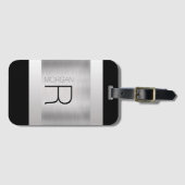 Monogramnaam, zwarte grijze tekst, geborsteld zilv bagagelabel (Voorkant (horizontaal))