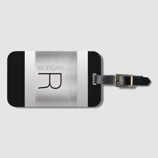 Monogramnaam, zwarte grijze tekst, geborsteld zilv bagagelabel (Voorkant (horizontaal))