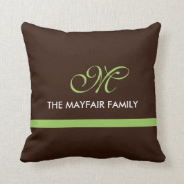 Monogramontwerp van de bruine lime groene familie kussen