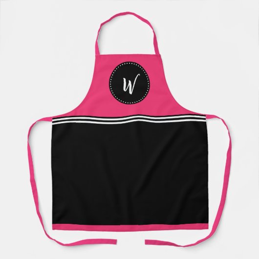Monogrampron, warm roze, zwart en wit schort (Voorkant)