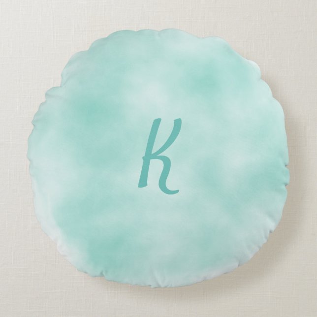 Monogramronde van Soft Aqua-Waterverf Rond Kussen (Voorkant)