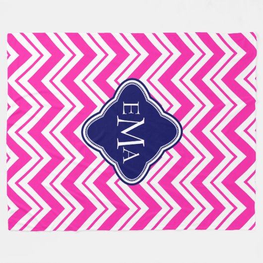 Monogramroze blauw en witte zigzag Chevron 2 Fleece Deken (Voorkant (Horizontaal))