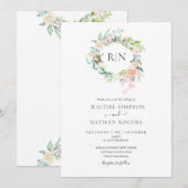 Monogramrozen groene bloemstuk trouwfeest kaart (Voorkant / Achterkant)