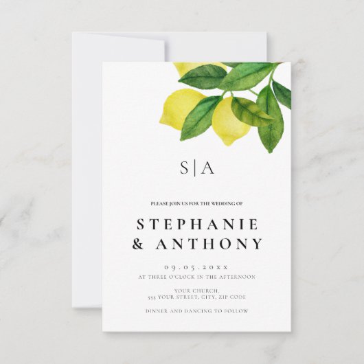 Monograms Lemon Branch Greenery Wedding Kaart (Voorkant)