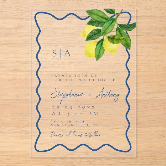 Monograms Lemon Citrus, Blue Wave Border Wedding   Acryl Uitnodigingen (Voorkant)