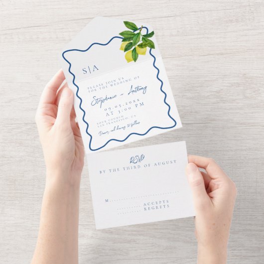 Monograms Lemon Citrus, Blue Wave Border Wedding   All In One Uitnodiging (Afscheurbaar)