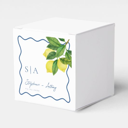 Monograms Lemon Citrus, Blue Wave Border Wedding Bedankdoosjes (Voorkant Zijde)