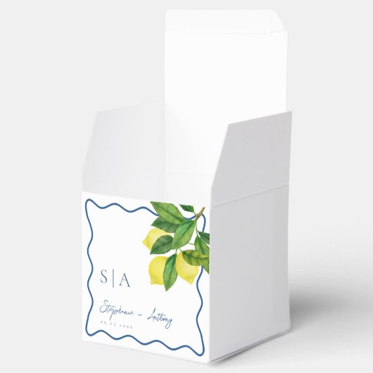 Monograms Lemon Citrus, Blue Wave Border Wedding   Bedankdoosjes (Geopend)