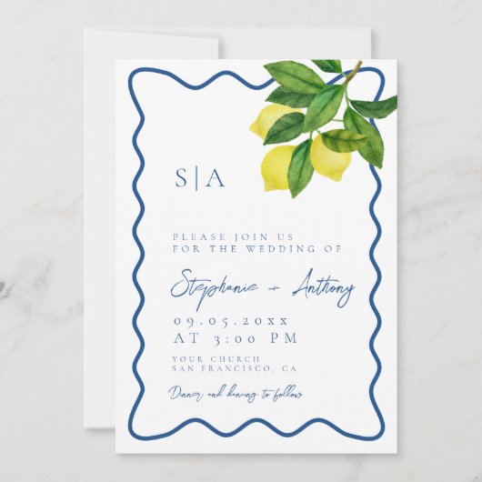 Monograms Lemon Citrus, Blue Wave Border Wedding Kaart (Voorkant)