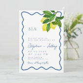 Monograms Lemon Citrus, Blue Wave Border Wedding Kaart (Staand voorkant)
