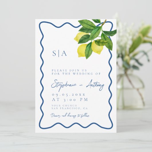 Monograms Lemon Citrus, Blue Wave Border Wedding   Kaart (Staand voorkant)