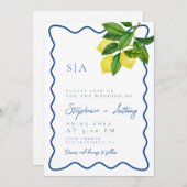 Monograms Lemon Citrus, Blue Wave Border Wedding Kaart (Voorkant / Achterkant)