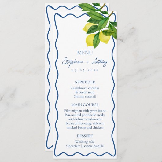 Monograms Lemon Citrus, Blue Wave Border Wedding   Menu (Voorkant / Achterkant)