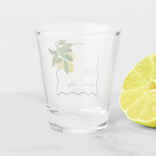 Monograms Lemon Citrus, Blue Wave Border Wedding   Shot Glas (Achterkant)
