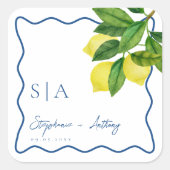 Monograms Lemon Citrus, Blue Wave Border Wedding   Vierkante Sticker (Voorkant)