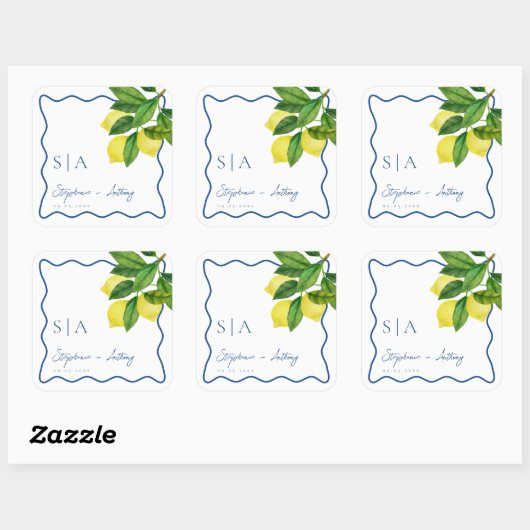 Monograms Lemon Citrus, Blue Wave Border Wedding   Vierkante Sticker (Vel)