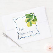 Monograms Lemon Citrus, Blue Wave Border Wedding   Vierkante Sticker (Envelop)