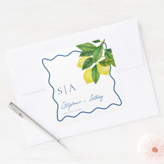 Monograms Lemon Citrus, Blue Wave Border Wedding   Vierkante Sticker (Envelop)