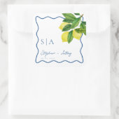 Monograms Lemon Citrus, Blue Wave Border Wedding   Vierkante Sticker (Tas)