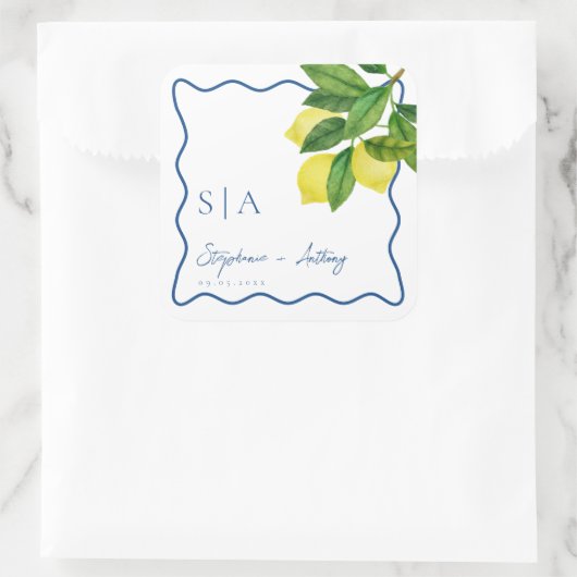 Monograms Lemon Citrus, Blue Wave Border Wedding Vierkante Sticker (Tas)