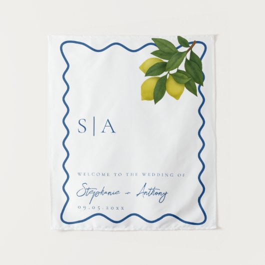 Monograms Lemon Citrus, Blue Wave Border Wedding   Wandkleed (Voorkant)