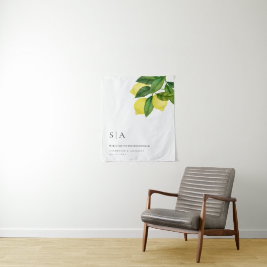 Monograms Lemon Citrus Branch Greenery Wedding  Wandkleed (In situ)