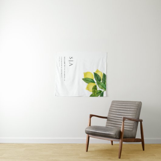 Monograms Lemon Citrus Branch Greenery Wedding  Wandkleed (In Situ (horizontaal))