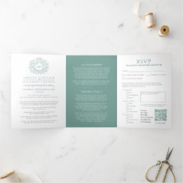 Monogramsage groene bladeren bruiloft all-in-one drieluik uitnodiging