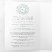 Monogramsage groene bladeren bruiloft all-in-one drieluik uitnodiging (Binnenzijde eerst)