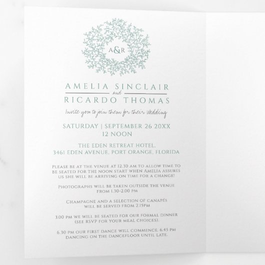 Monogramsage groene bladeren bruiloft all-in-one drieluik uitnodiging (Binnenzijde eerst)