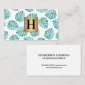 MonogramSilver Metallic / Monstera Leaf Pattern Visitekaartje (Voorkant / Achterkant)