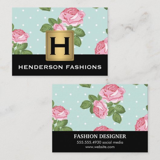 MonogramSilver Metallic / Rozen en Polka Dots Visitekaartje (Voorkant / Achterkant)