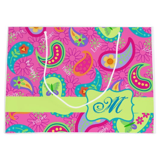 Monogramtabel van het Hot Pink Modern Paisley Patt Groot Cadeauzakje (Voorkant)