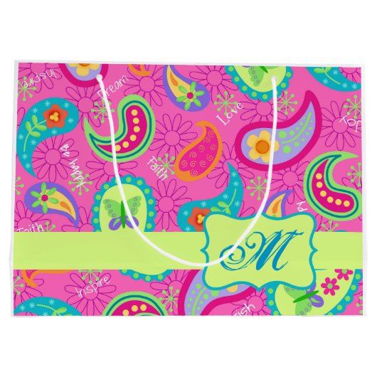 Monogramtabel van het Hot Pink Modern Paisley Patt Groot Cadeauzakje (Achterkant)