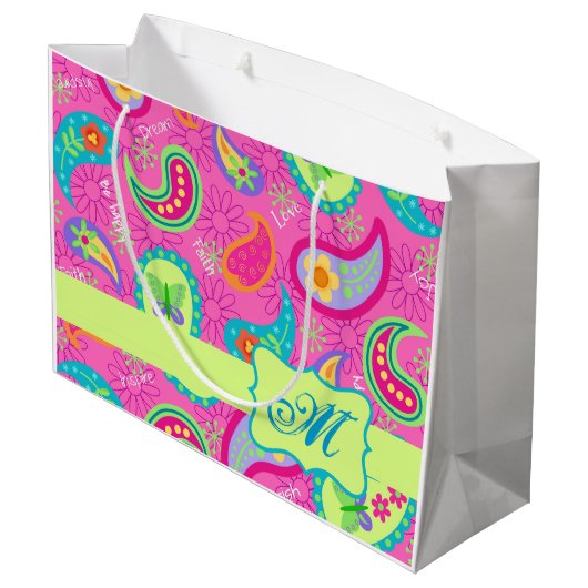 Monogramtabel van het Hot Pink Modern Paisley Patt Groot Cadeauzakje (Achterkant Gekanteld)