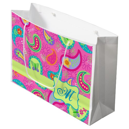 Monogramtabel van het Hot Pink Modern Paisley Patt Groot Cadeauzakje (Voorkant Gekanteld)