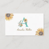 Monogramzonnebloem visitekaartje blauwgroen goud (Achterkant)