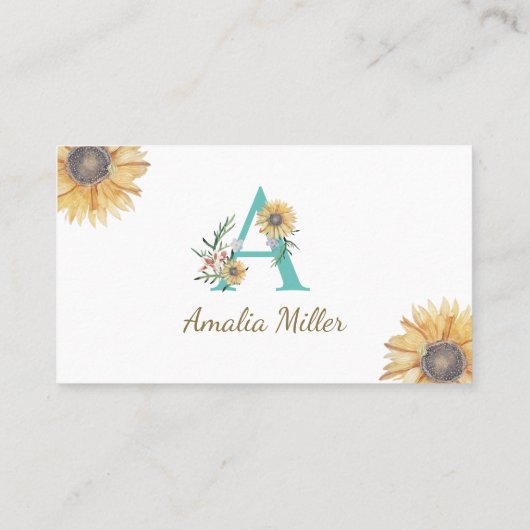 Monogramzonnebloem visitekaartje blauwgroen goud (Achterkant)