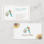 Monogramzonnebloem visitekaartje blauwgroen goud (Voorkant / Achterkant)