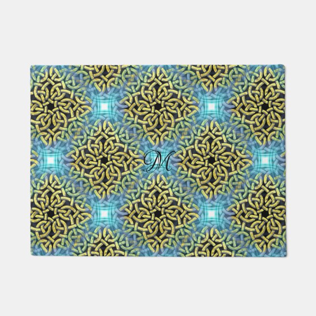 Monoigram Victoriaans Golden Trim Aqua Background Deurmat (Voorkant)