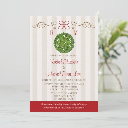 Monomgrammed Mistletoe Wedding Invitations Kaart (Staand voorkant)