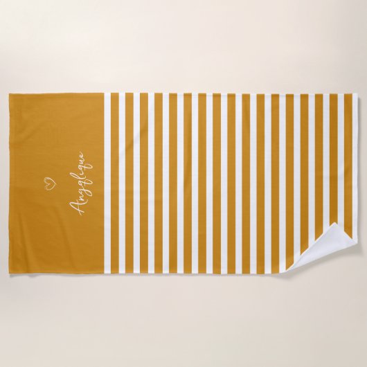Monongram geel modern hart en stripes strandlaken (Voorkant)
